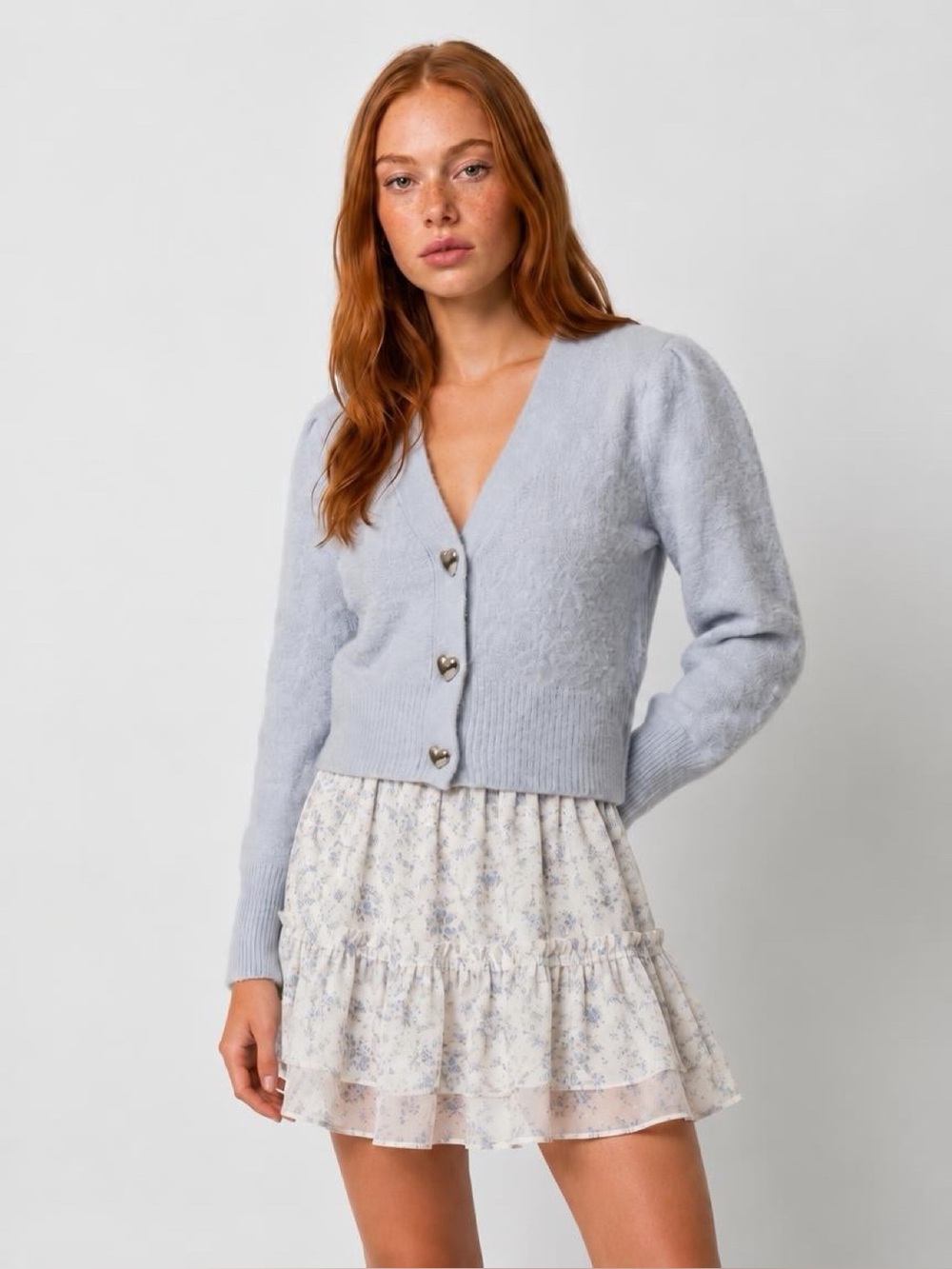 & Other Stories Light Blue V-Neck Heart Button Cardigan